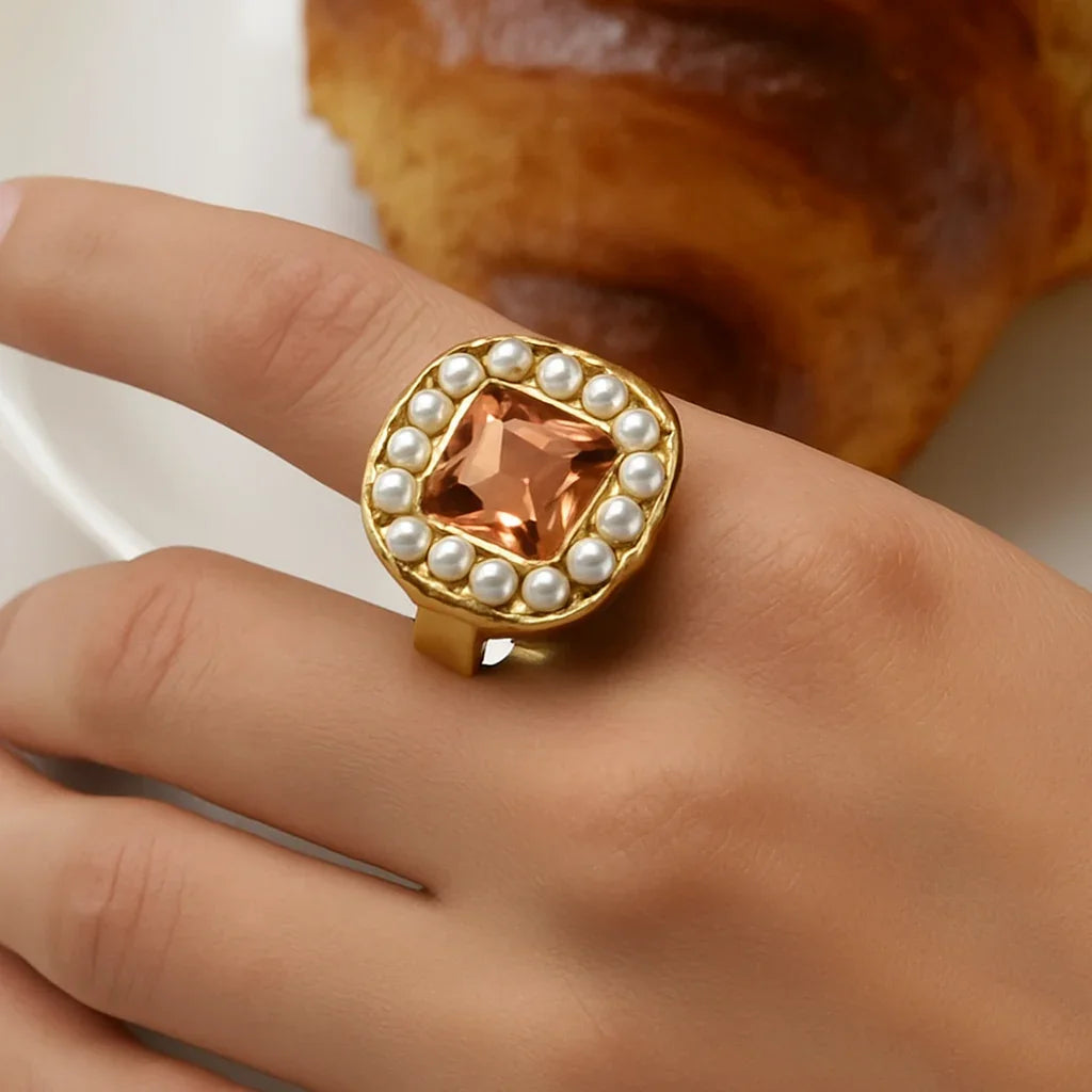 Pink Rhinestone & Pearl Halo Ring - Etara