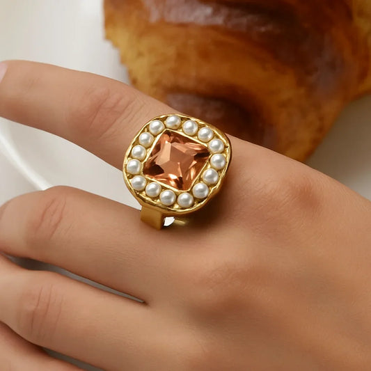 Pink Rhinestone & Pearl Halo Ring - Etara